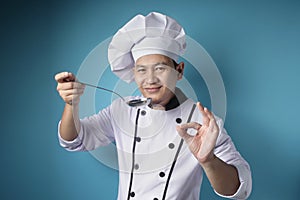 Asian Male Chef Making Soup, Chef Holding Kitchen Tool Ladle