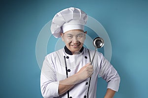 Asian Male Chef Making Soup, Chef Holding Kitchen Tool Ladle