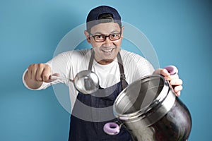 Asian Male Chef Making Soup, Chef Holding Kitchen Tool Pot and Ladle