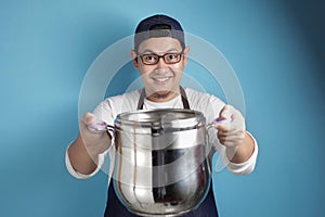 Asian Male Chef Making Soup, Chef Holding Kitchen Tool Pot and Ladle