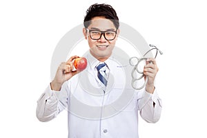 Asian male doctor with apple and stethoscope