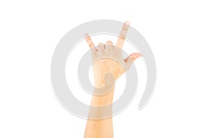 Asian male hand showing fingers means I love you on white background.