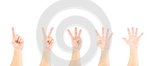 Asian male hand showing numbers 1-5 on white background.
