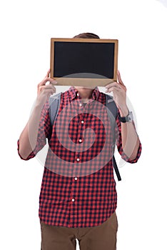 Asian male student covering his face with a chalkboard