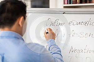 Asian Male Teacher Having Class Writing On Whiteboard In Classroom