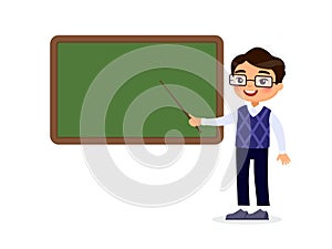 Asian male teacher standing near blackboard flat  illustration.