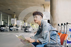 Asian male tourist reading map while waiting for taxi on bus stop with suitcases