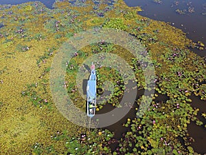 Asian male tourists stand on a boat watching the beautiful lotus flower. Red Lotus Sea, Travel Concept, Udon Thani, Thailand