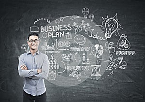 Asian man and business plan on blackboard