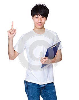 Asian Man with clipboard and finger point up