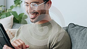 Asian man, digital tablet and software code for creative startup, programming business and social media app. Face, smile