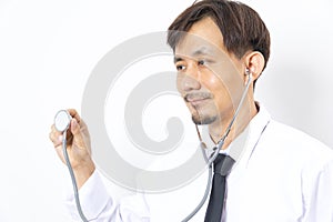 Asian man doctor diagnose with stethoscope on white background.