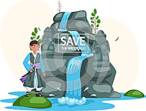 Asian man dressed in national clothes standing next to waterfall in mountaine landscape with water