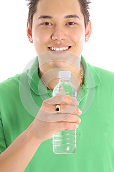 Asian man drinking bottled water