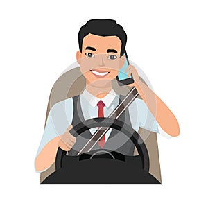 Asian man driving a car talking on the phone