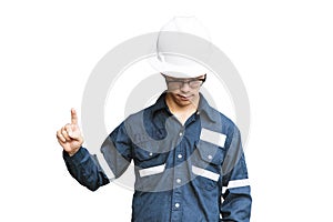 Asian man,Engineer or Technician in white helmet, glasses and bl