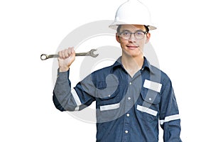 Asian man,Engineer or Technician in white helmet, glasses and bl