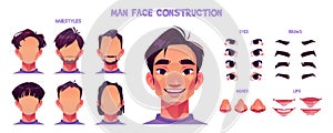 Asian man face construction cartoon set on white