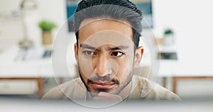 Asian man, face thinking and idea with computer, planning and brainstorming for success in programming. Tech startup