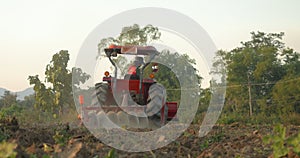 Asian man farmer rides a farm tractor and plowing the agriculture field