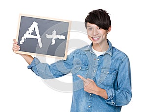 Asian man finger point to chalkboard and showing A plus mark