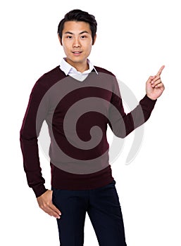 Asian man with finger point up