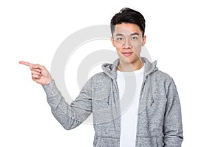 Asian man with finger point up