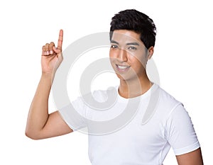 Asian man with finger point upwards