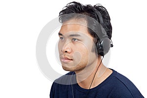 Asian man happy listen to music with headphone