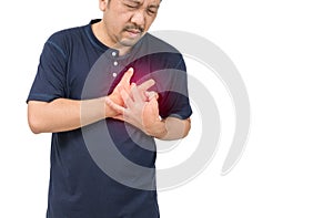 Asian man have chest pain caused by heart disease, heart attack, heart leakage isolated