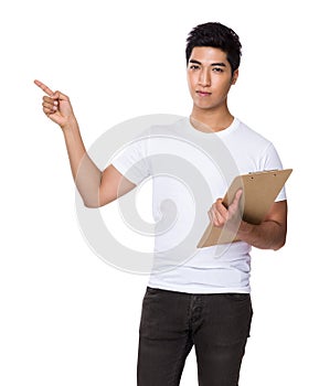 Asian man hold with clipboard and finger point up