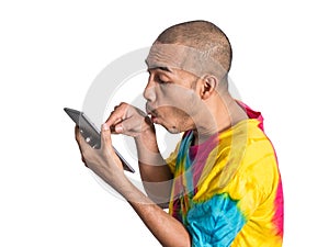 Asian man holding digital tablet with overacting
