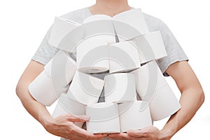 Asian man holding Roll of toilet paper, tissue for use in the toilet room, used for cleaning the dirt in the bathroom isolated on