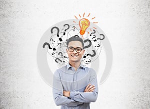 Asian man, light bulb and question marks