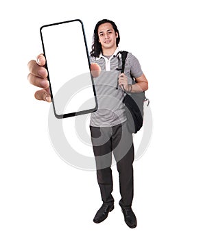 Asian man looking to camera, smiling and showing empty blank white copy space phone mock up template