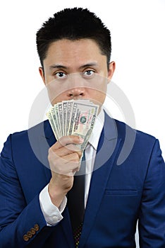 Asian man with money cover mouth, note