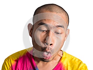 Asian man nearly to vomit isolated on white