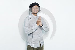 Asian man operator customer service show welcome gesture  on white background