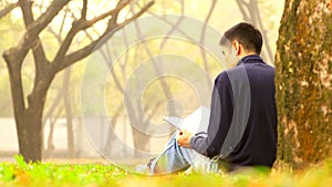 Asian man peacefully reading a book under the tree in the woodland with a ray of morning light for freedom and relaxation pursuit