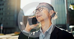 Asian man, phone call and laughing in city for funny joke, conversation or outdoor networking. Happy businessman smile