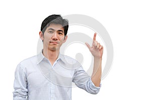 An asian man point his hand as present product