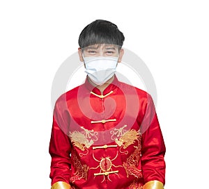 Asian man in red mandarin collar dress wearing Anti virus mask isolated on white background with clipping path. Chinese new year