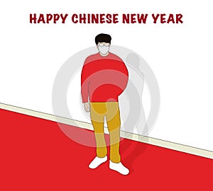 Asian man in red shirt wearing Anti virus mask and celebrating for chinese new year.