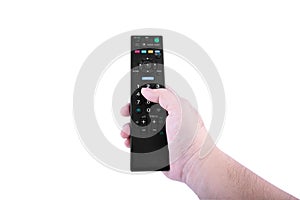 Asian man`s hand holding a TV remote control in the hands on white background or isolated