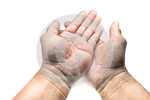 Asian man `s two hands isolated on white background.