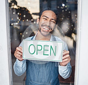 Asian man, small business and face with open sign on window for service in coffee shop or restaurant. Portrait of happy