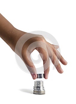 Asian Man Stacking Coins on white background, Conceptual idea for Marketing growth, banking and finance.