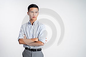 asian man thinking something and looking to the side