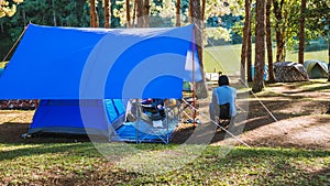 Asian man travel nature camping on the Mountain see the lake in the mist, Camping and tent under the pine forest in sunset at