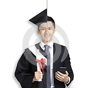 Asian man in two occupations of businessman and graduation